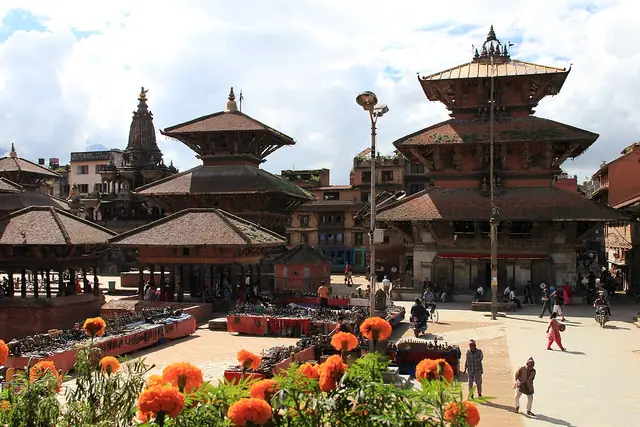 Patan Durbar Square with marigold garlands